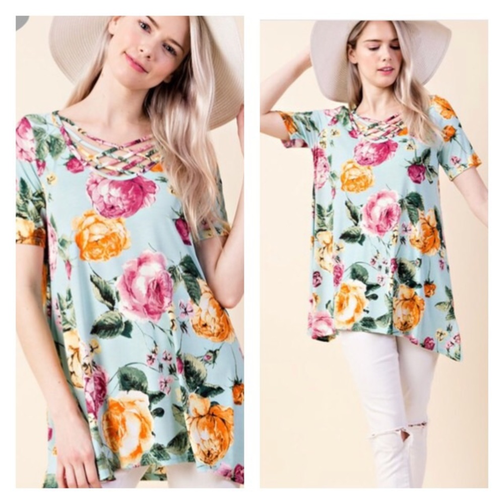 Blue top with pink and orange floral